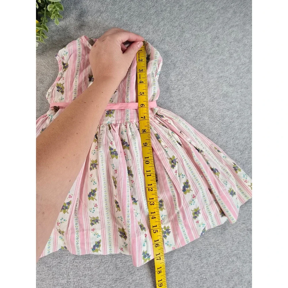 Vintage Handmade Dress Girls 2T Pink Floral Striped Tulle Lined Cotton 70s